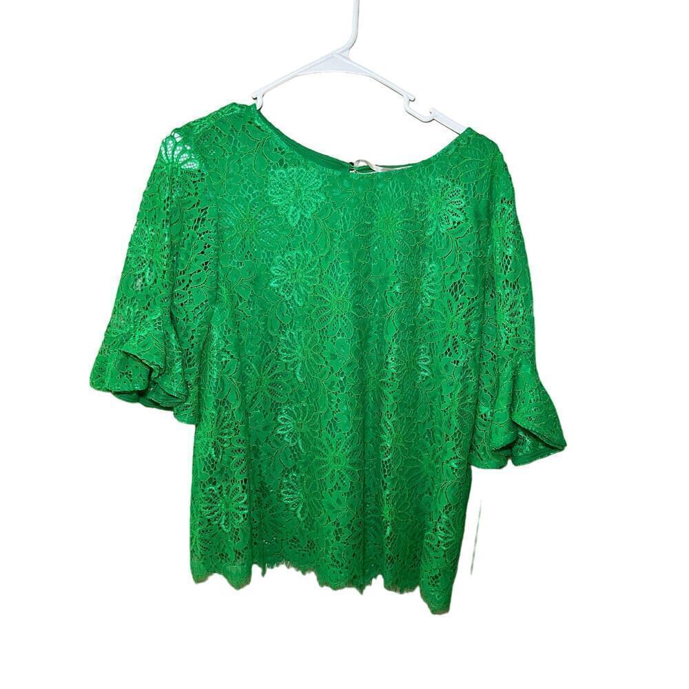 Nanette Lepore Blouse Top Women's L Green Floral Crew Neck Bell Sleeve Pullover